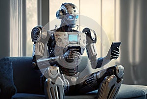 AI robot uses mobile phone sitting on couch in house room, generative AI