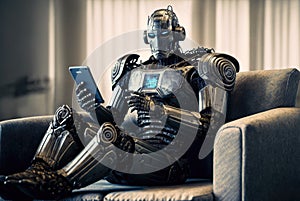 AI robot uses mobile phone sitting on couch in house room, generative AI