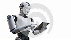 Ai robot using tablet isolate on transparency background PNG