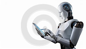 Ai robot using tablet isolate on transparency background PNG