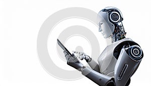 Ai robot using tablet isolate on transparency background PNG