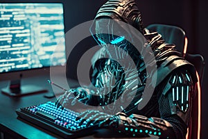 Ai Robot working with computer. Futuristic Humanoid worker. Generative Ai