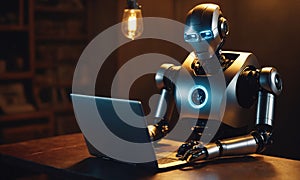 AI Robot Working on a Laptop in Dim Light