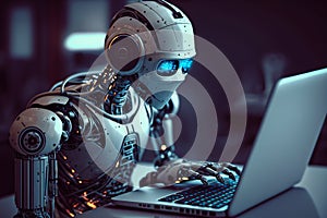 Ai robot working on laptop. Generative AI