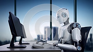Ai robot working in the office center, future networking job