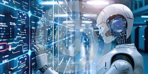 AI robot works with data via digital interface, concentrating on automation and innovation AIG62