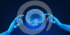 AI robotic hand creating a digital brain, symbolizing the development of artificial intelligence, machine learning evolution, and