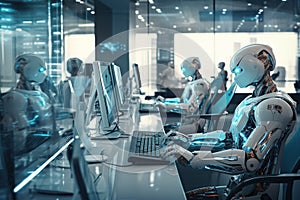 AI Robots using multiple computers working monitoring data in office Generative AI