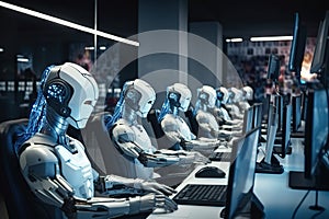 AI Robots using multiple computers working monitoring data in office Generative AI