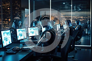 AI Robots using multiple computers working monitoring data in office Generative AI