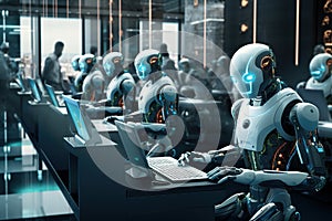 AI Robots using multiple computers working monitoring data in office Generative AI