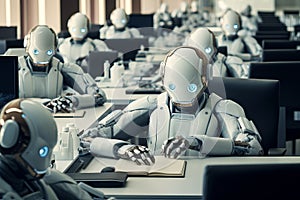 AI Robots Working at Office Desk. Concept impact of Artificial Intelligence on Employment