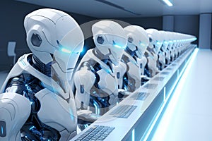 AI Robots Working at Office Desk. Concept impact of Artificial Intelligence on Employment