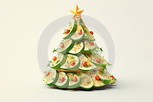 Sandwich - toast in the shape of Christmas tree made of lime slices, tomatoes and dill on a white background. Table decoration