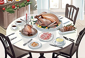 AI scene generated of a dining table with typical Christmas foods and a beautiful roast turkey in the center