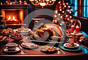 AI scene generated of a dining table with typical Christmas foods and a beautiful roast turkey in the center