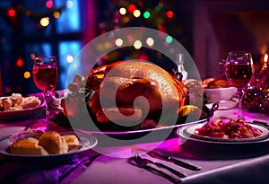 AI scene generated of a dining table with typical Christmas foods and a beautiful roast turkey in the center