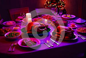 AI scene generated of a dining table with typical Christmas foods and a beautiful roast turkey in the center