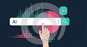 AI Search Engine Interface Hand Interacting with Visual Data Analytics