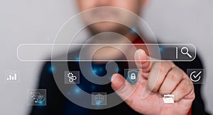 AI Search Engine Technology Concept. A person interacts with search bar AI Search