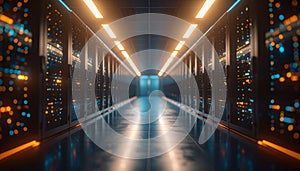 AI Server Rack Glowing exact color in Data Center Room. AI themed Background. Generated Image