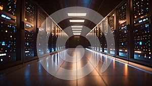 AI Server Rack Glowing exact color in Data Center Room. AI themed Background. Generated Image