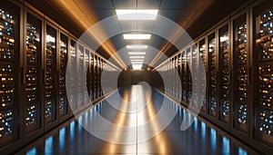 AI Server Rack Glowing exact color in Data Center Room. AI themed Background. Generated Image
