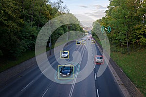 AI smart city traffic cameras monitoring concept. Street with cars photo