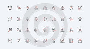 AI and software for data analytics automation, smart models visualization line icon set