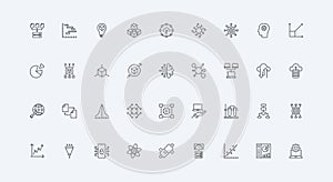 AI and software for data analytics automation, smart models visualization line icon set