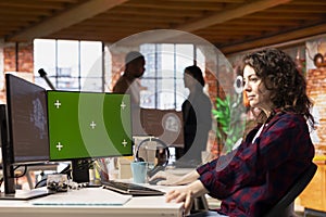 AI startup office developer implementing machine learning using mockup PC