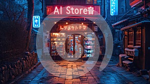 AI store or workshop on cyberpunk city street at night, neon signs on dark grungy alley with blue and red light. Concept of