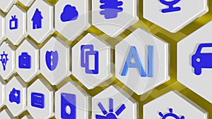 AI surrounded by technical icons on hexagon wall