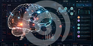 AI system analysis interface displaying brain data and neural connections visualizations