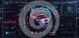 AI system analysis interface displaying brain data and neural connections visualizations