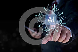Ai tech, Businessman finger pointing AI computing with neural engine CPU. Artificial Intelligence. Using command prompt for