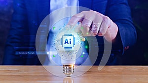 Ai tech, Businessman using virtual graphic Global Internet connect Chatgpt Chat with AI, Artificial Intelligence, using command