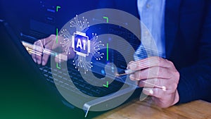 Ai tech, Businessman using virtual graphic Global Internet connect Chatgpt Chat with AI, Artificial Intelligence, using command