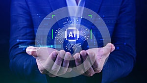Ai tech, Businessman using virtual graphic Global Internet connect Chatgpt Chat with AI, Artificial Intelligence, using command