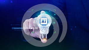 Ai tech, Businessman using virtual graphic Global Internet connect Chatgpt Chat with AI, Artificial Intelligence, using command photo