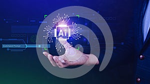 Ai tech, Businessman using virtual graphic Global Internet connect Chatgpt Chat with AI, Artificial Intelligence, using command