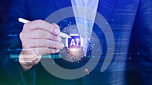 Ai tech, Businessman using virtual graphic Global Internet connect Chatgpt Chat with AI, Artificial Intelligence, using command