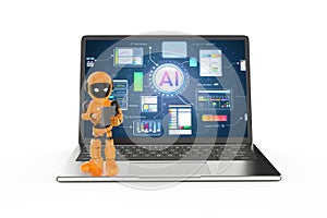 Ai technology with assistant robot with hud graphic interface on laptop