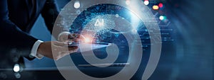 AI Technology. Businessman touch brain working data and Algorithm of Artificial Intelligence in the future business and coding