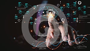 AI Technology. Businessman touch brain working data and Algorithm of Artificial Intelligence in the future business and coding