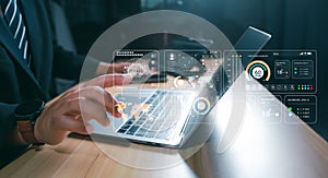 AI Technology. Businessman touch brain working data and Algorithm of Artificial Intelligence in the future business and coding