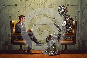AI technology in competition with human resource, businessman manpower against cyborg machine, replacement of worker