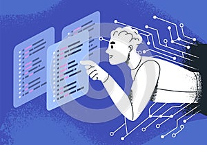 AI technology concept. Artificial intelligence, abstract humanoid robot in digital cyber space. Futuristic cyberspace with data