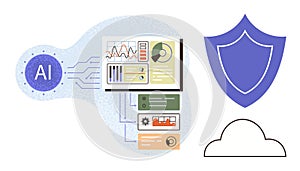 AI Technology Dashboard with Security Shield and Cloud Connection