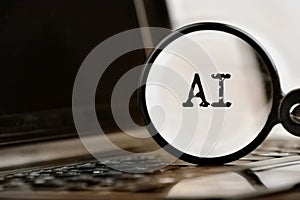 AI technology demonstrated with laptop, text and magnifying glass and command prompt. Chat with artificial intelligence